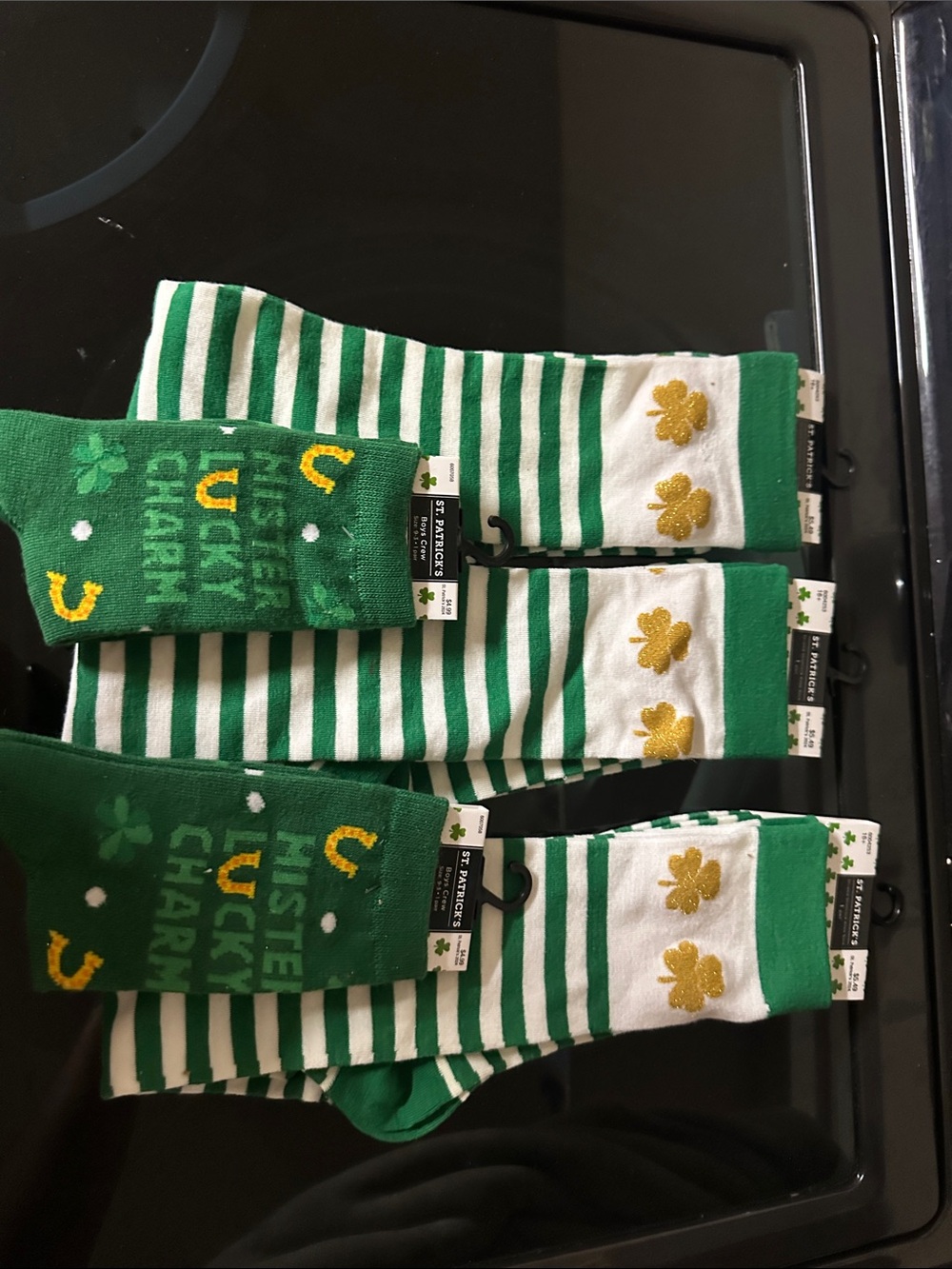 St. Patrick Green & White Shamrock Stripe Crew Socks with Gold Accents